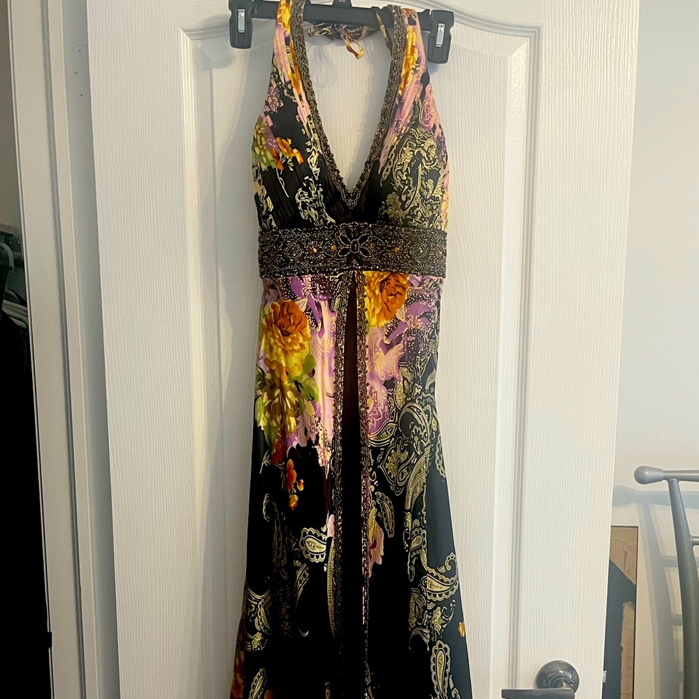 Elegant silk beaded formal gown by Sue Wong